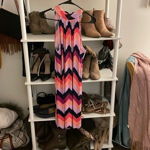 Size small Trina Turk chevron dress with tie neck, black orange and purples